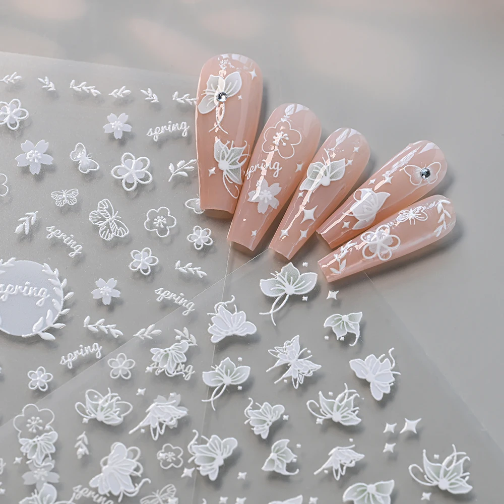 1 szt. Naklejka na paznokcie 5D w stylu retro z białą kokardką, tłoczona naklejka na paznokcie z kwiatami, płatki śniegu/drzewka choinkowe, akcesoria do dekoracji paznokci*