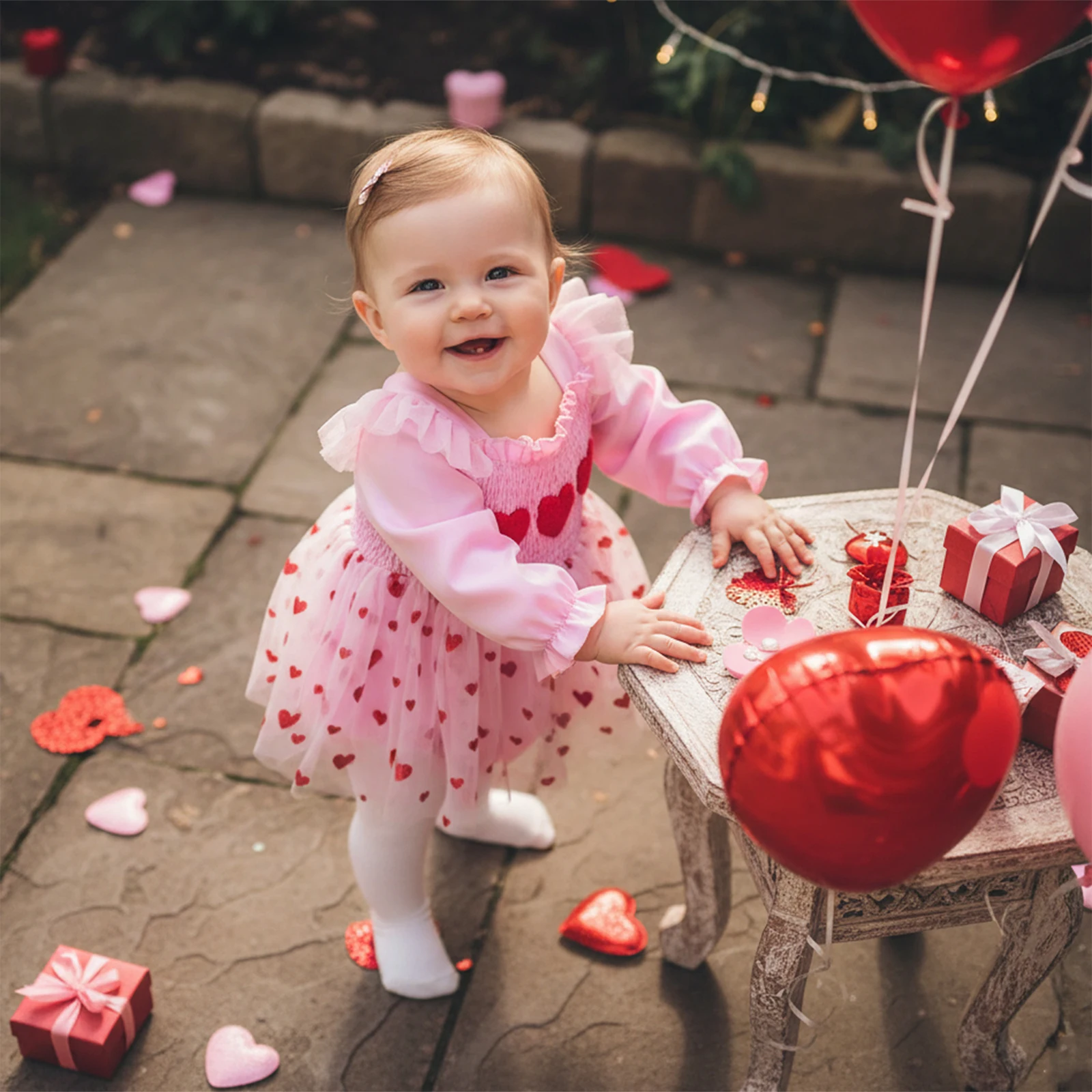 Baby Girls Romper Dress, Long Sleeve Heart Tulle Patchwork Bodysuit Valentine’s Day Clothes