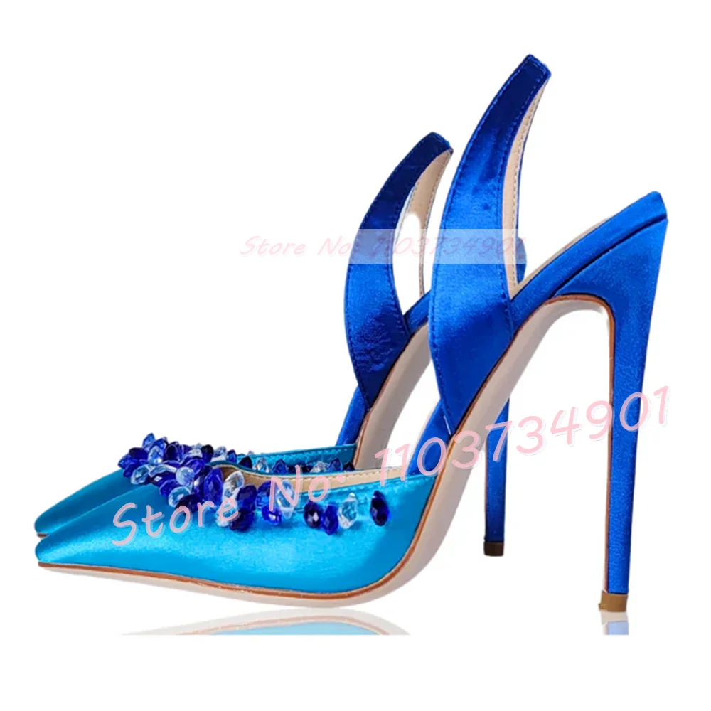 Rhinestones Back Strap Satin Sandals Ladies Patchwork Thin High Heels Pointed Shoes Party Sexy Female Elegant Heeled Sandals