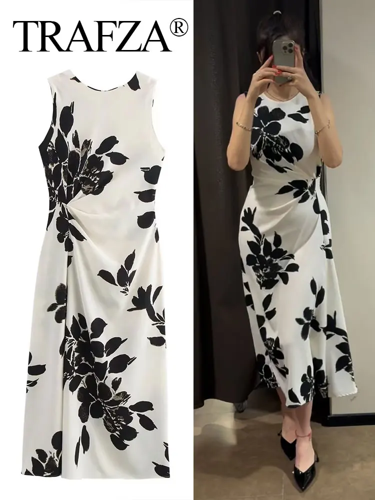 

TRAFZA Women Fashion Print Dress O Neck Sleeveless Waist Pleated Slim Zipper Long Dresses Female Chic Elegant Woman Dress