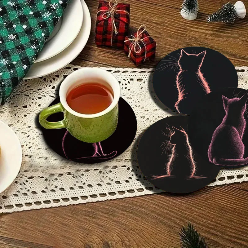 4 Pieces of Cute Cat and Panda Patterned Art Coasters, Anti-Slip Wooden Coasters, Suitable for Living Rooms, Offices and Bars