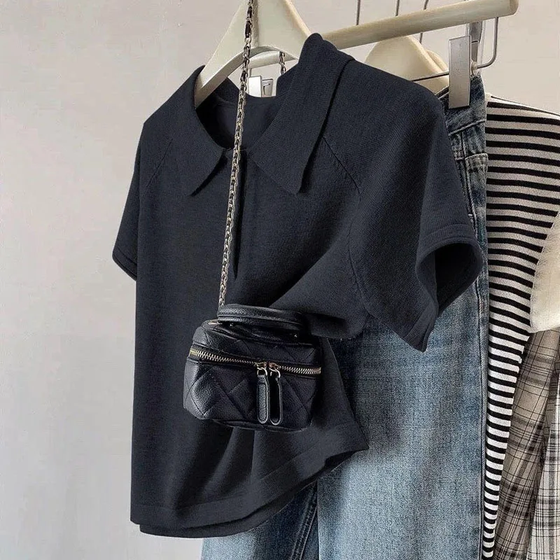 스웨터 반팔 니트 스웨터 여성 풀오버 신상 화이트 블랙 턴다운 칼라 니트 스웨터 풀오버 여성 상의 Q2667