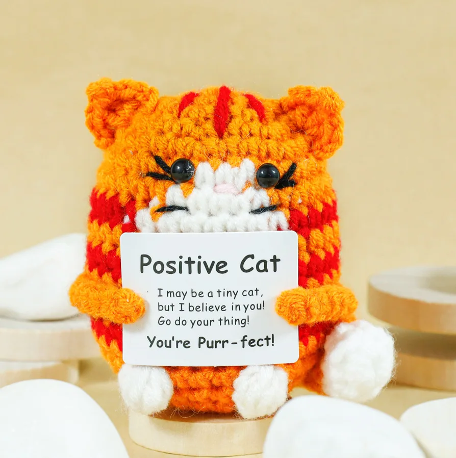 Funny Crochet Positive Cat Doll With Card Home Room Decoration Handmade Knitted Cat Christmas Doll Ornament Christmas Party Gift - view 6