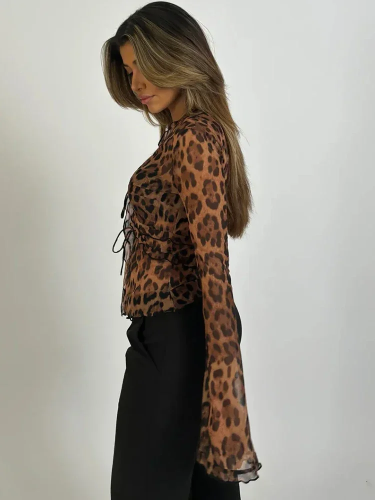 Leopard Printed Sheer Chiffon Women T-shirt Flare Sleeve Deep V-neck Tops Female 2024 Summer Casual Women‘s Clothing