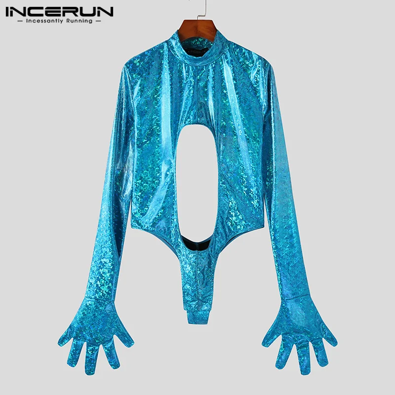 Handsome Well Fittiing Tops INCERUN New Men Fashion Sequins Hollowed Out T-shirts Party Shows Male Thimble Long Sleeved Camiseta