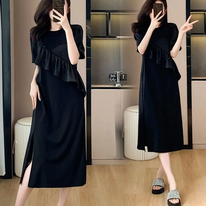 2025 Summer Women Casual Daily Joker Black Loose Midi Dress Lady Cozy O-Neck Short Sleeve T Shirts Dresses Split Ruffle Clothing