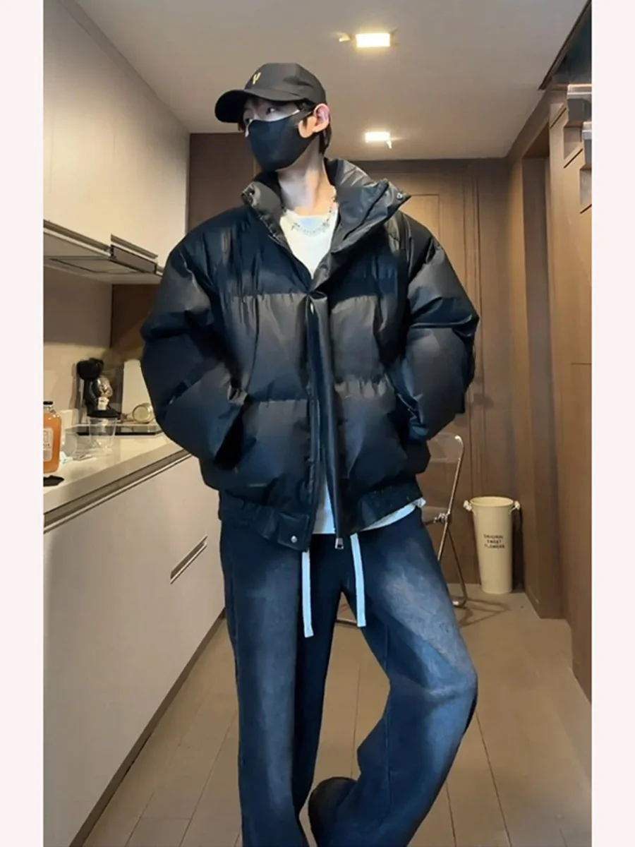 

Bla PU Leather down Jaet Men's Winter Thiened Cotton Warm Bread Sle American Trendy Brand Cotton Coat Waterproof