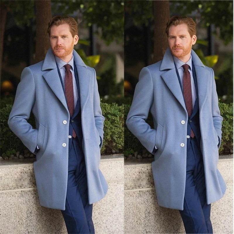 

Light Blue Men Overcoat Woolen Thick Warm Winter Long Coat Blazer Single Breasted Custom Made Male Jacket Kingcoat