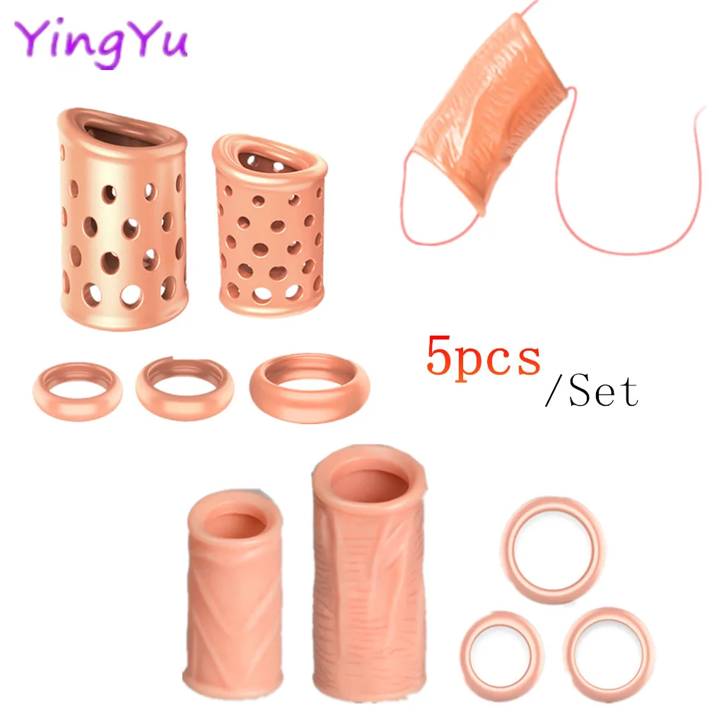 New Design Breathable Penis Sleeve 5pcs Kit Reusable Silicone Cock Ring Day&Night Use Condoms Foreskin Correction Ring Sex Toy