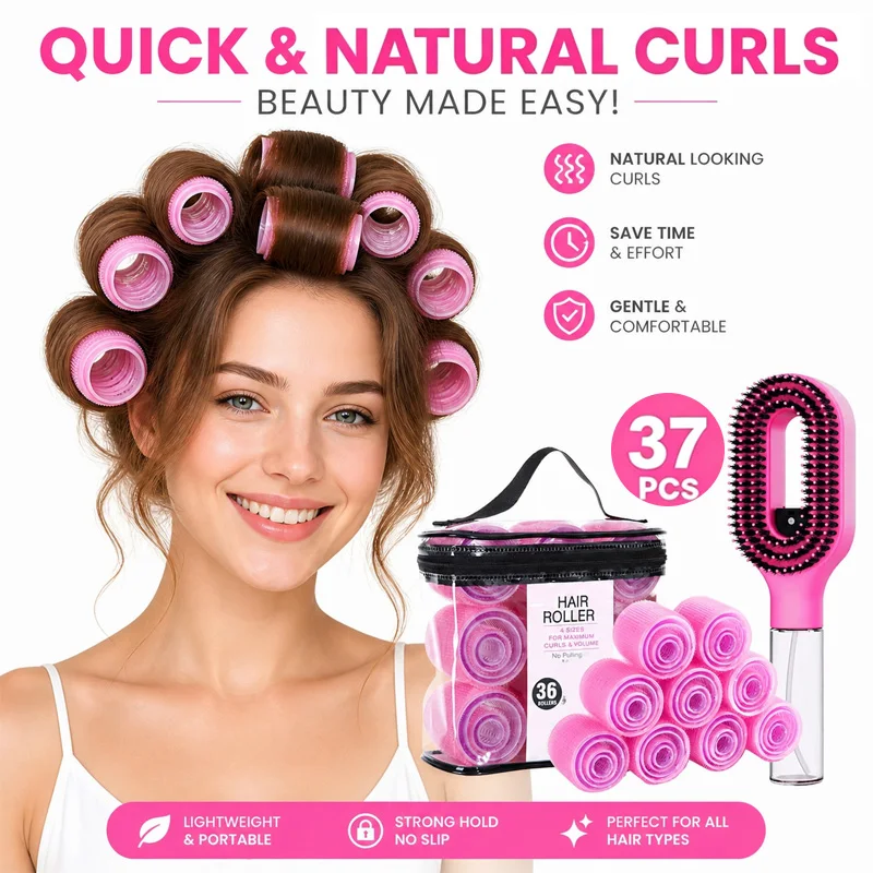37Pcs Heatless Self Grip Hair Rollers Set No Heat Hair Curlers With Spray Styling Brush Storage Bag DIY Natural Volume Curls Hair Styling Tools For All Hair Types - view 7