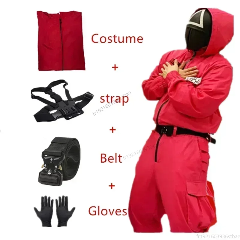 Disfraz de Cosplay del juego Squiid de Halloween para adultos, mono, abrigo, máscara, guantes, villano redondo, disfraz rojo, disfraz de fiesta para niños