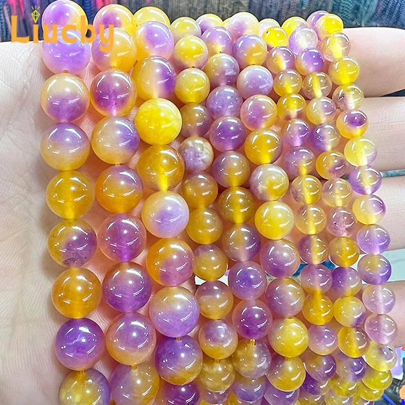 Naturstein Lila Gelb Chalcedon Achat Glatte Perlen Für Schmuck Machen DIY Ohrringe Ringe Zubehör 15" Zoll 6/8/10/12mm