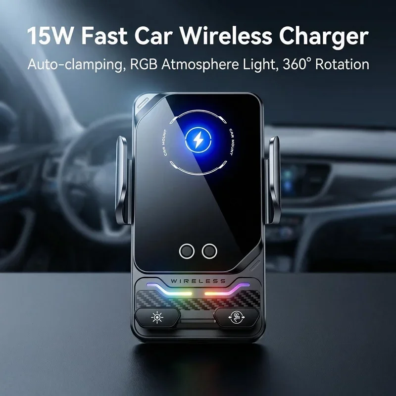 15W Universelles kabelloses Auto-Handy-Ladegerät mit Halterung und automatischer RGB-Lichtsensorik für Samsung S26 iPhone 17 16 15 14 13 12 11 Pro Max – Detail 5