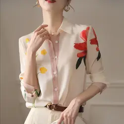 2023 New Spring Fashion Printing Turn-down Collar Long Sleeve Blouse Ladies Temperament Patchwork Buttons Loose Shirts Top Tee