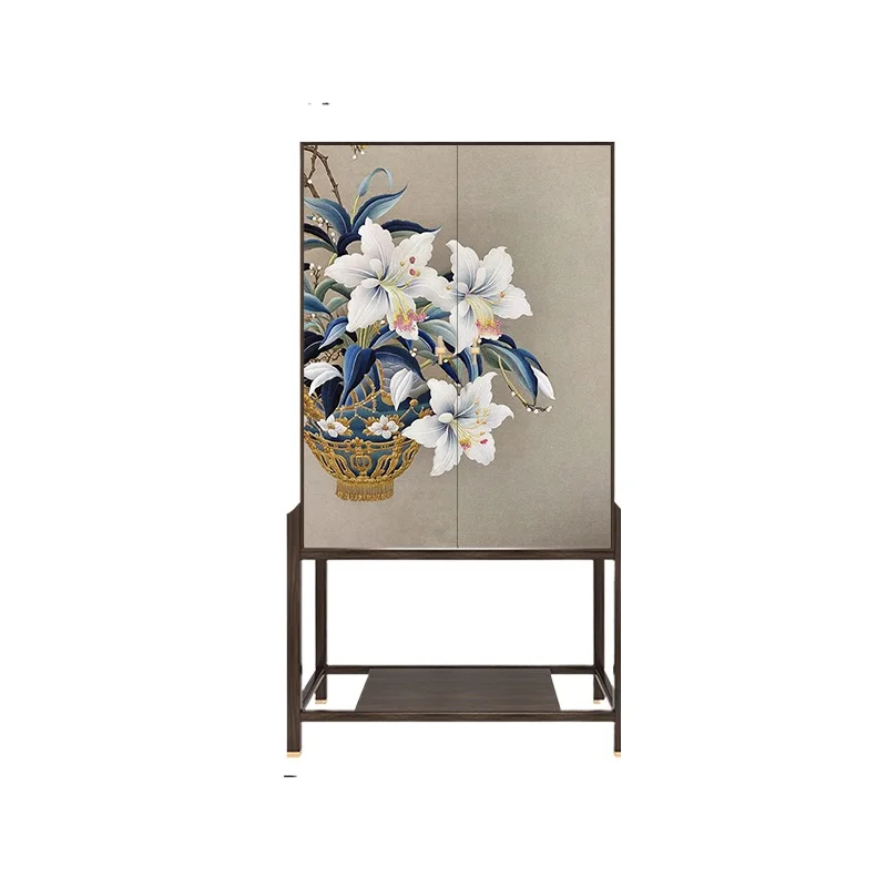 

New Chinese-style flower solid wood high-end living room entrance cabinet door storage tall cabinet art decoration cabinet