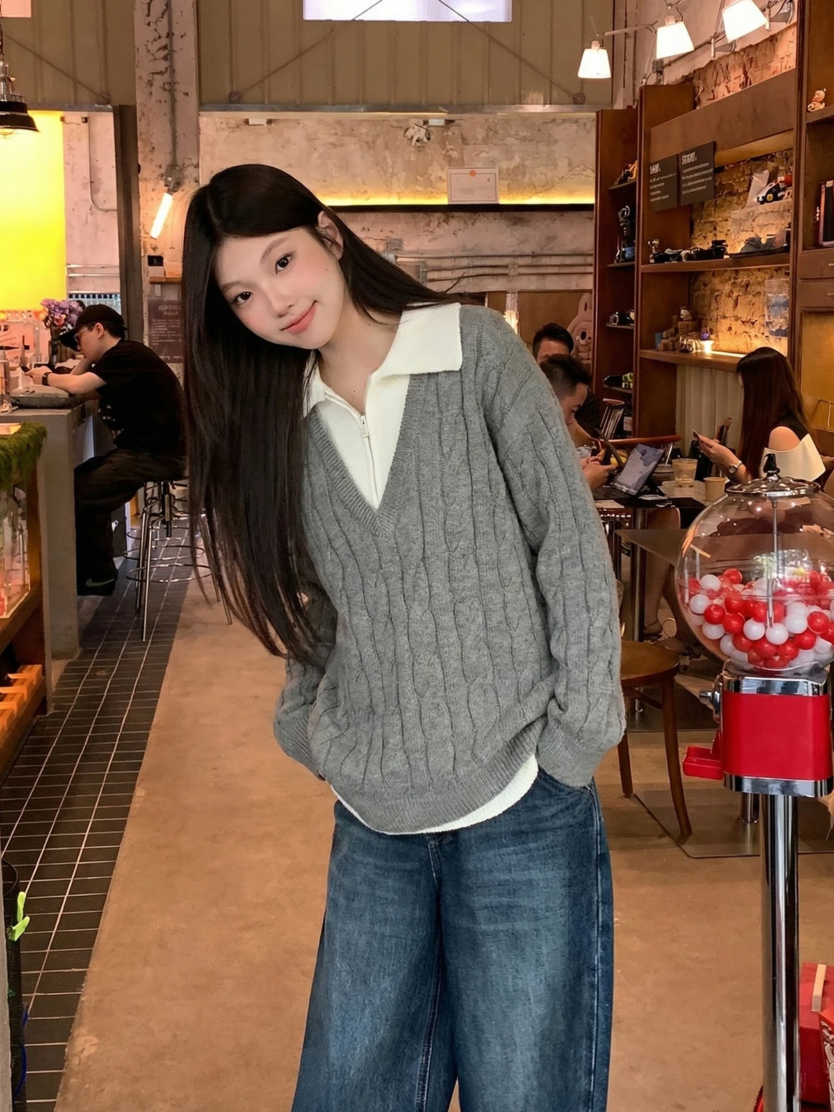 

Мягкий уютный вязаный свитер с косами для женщин, зимний свободный вязаный топ с эффектом двухслойности, отложным воротником, в корейском стиле, с длинными рукавами