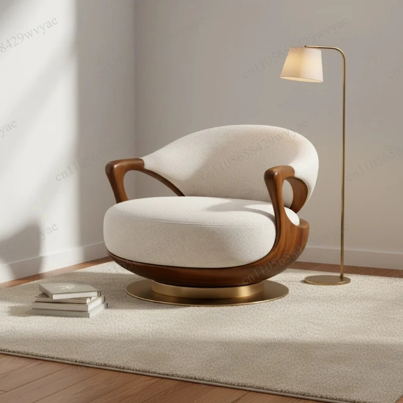 New Chinese Style Solid Wood Single Sofa Chair, Leather Upholstered, Adjustable Swivel, Minimalist High‑end Leisure Chair