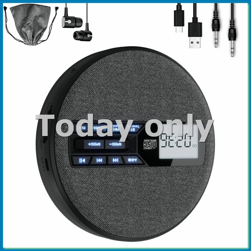 Reproductor de CD portátil, reproductor de CD recargable con altavoces duales y antisaliva, CD, Bluetooth dual, transmisión FM, USB, AUX-VVNB