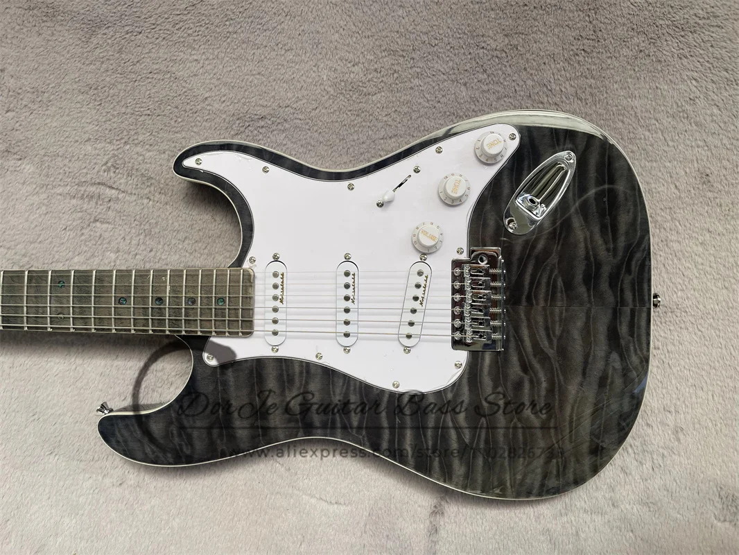 Transp black electric Guitar Stra Mahogany body Squilted Maple Top Cream Binding Maple Neck Mother Shell Mosaic fixed bridge