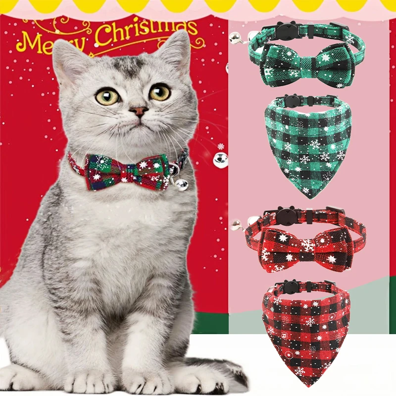 

2025 Christmas Pet Collar Set for Dogs and Cats Adjustable Plaid Bow Tie with Bell Breakaway Buckle Holiday Party Safety Gift