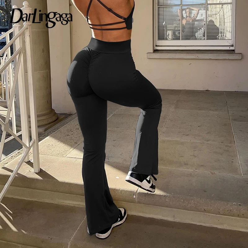 

Darlingaga Casual Folds Black Skinny Gym Women Pants Streetwear Basic Flared Trousers High Waist Yoga Sweatpants Elastic Bottoms