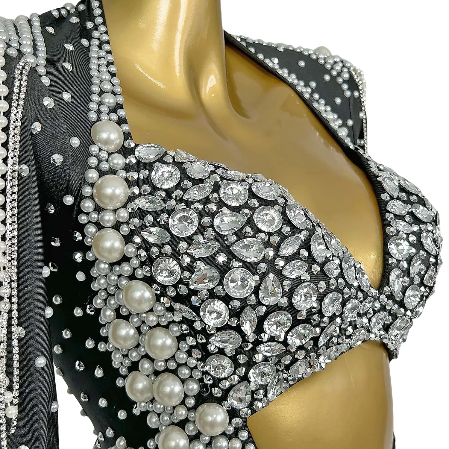 Women Sparkly Rhinestone Pearls Tassel Bodysuit Carnival Party Dance Stage Show Wear Spandex Bodycon Exquisite Bodysuit Cangxuan