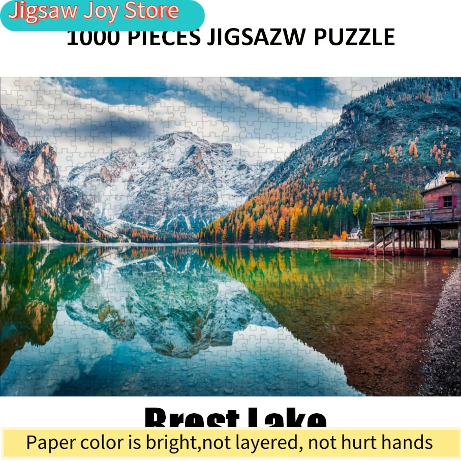 จิ๊กซอว์พัซเซิล - ทิวทัศน์อันงดงามของทะเลสาบเบรสต์ พร้อมภูเขาที่ปกคลุมด้วยหิมะและใบไม้ร่วง ขนาด 27x20 นิ้ว เหมาะสำหรับตกแต่งบ้าน