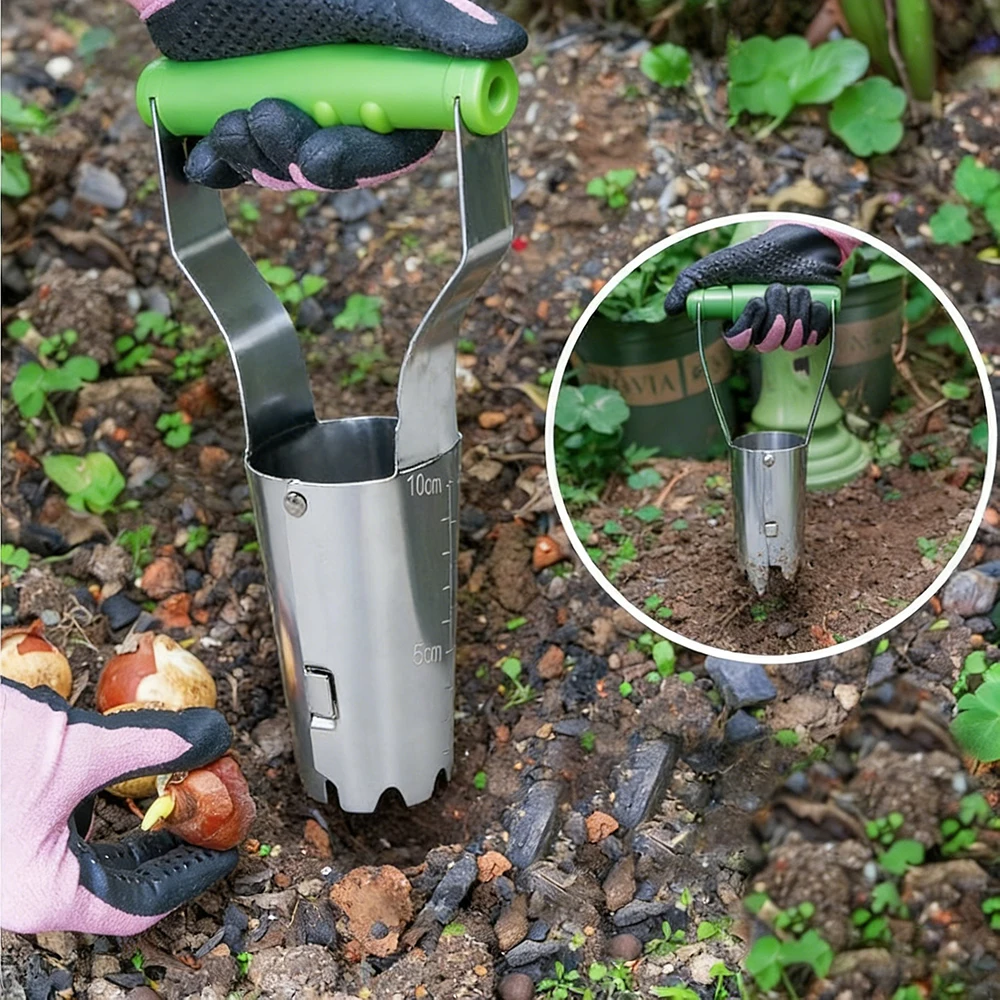 Stainless Steel Bulb Planter with Depth Mark Ergonomic Soil Release Handle Sturdy Gardening Tool for Precise Bulb Planting
