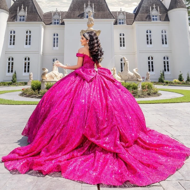 Rose Red Illusion Glitter Crystal Sequined Quinceanera Dresses Ball Gown Off The Shoulder Beading Corset Tull Vestidos 15 De XV