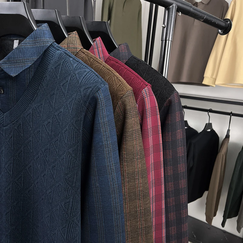 Colletto della camicia maglione lavorato a maglia da uomo di alta qualità con peluche addensato falso in due pezzi inverno versatile tendenza casual abbigliamento da uomo