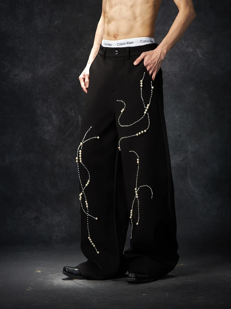 Special-Interest Design Niche Personality Pearl Machete Suit Pants Loose Leisure All-Matching Wide Leg High Sense