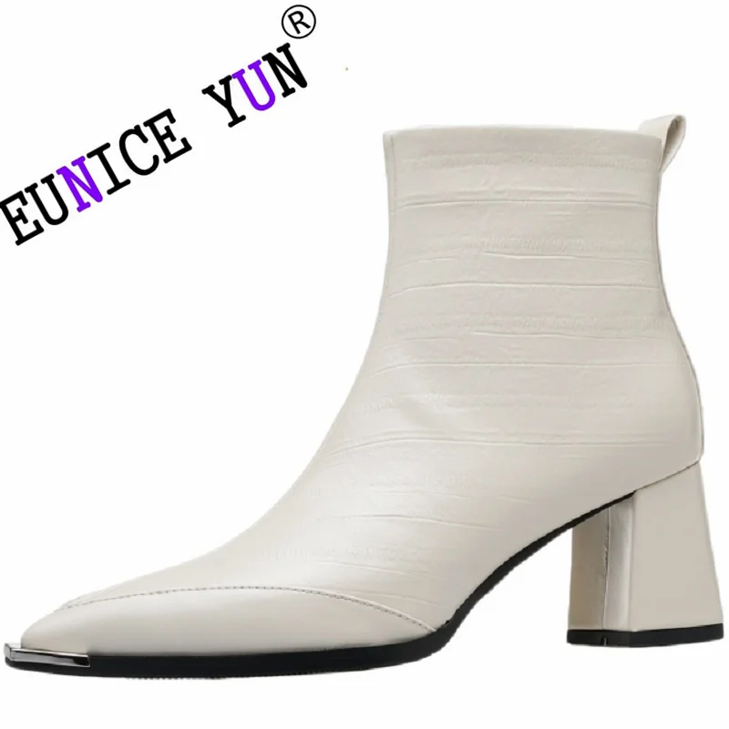 

【EUNICE YUN】Autumn Winter Women Ankle Boots Genuine Leather Concise Casual Thick High Heels Platforms Round Toe Shoes