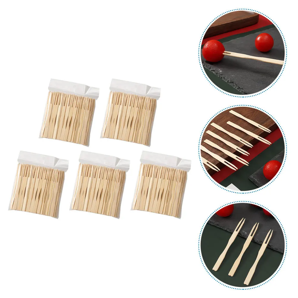 

500Pcs Bamboo Disposable Fruit Forks Log Color Two Tooth Cake Pudding Bread Snack Stick Environmentally Friendly