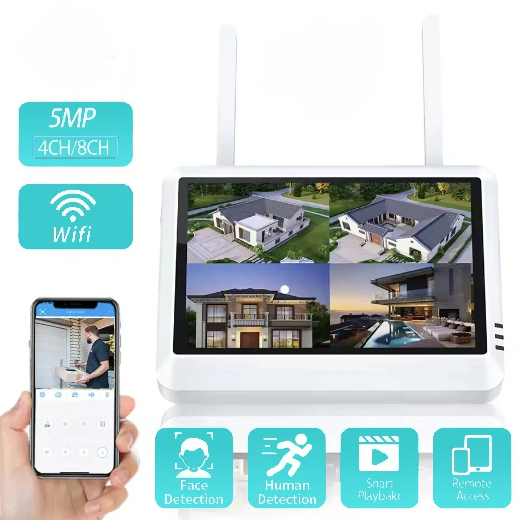 7-inch LCD Monitor Wireless NVR 8CH 5MP 4K Icsee WiFi Security Recorder System Home Video Surveillance ONVIF P2P