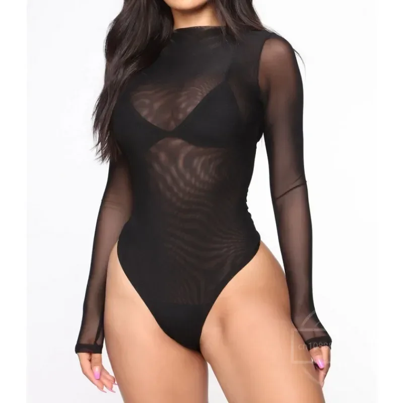 Sexy See-Through Bodysuit for Women Long Sleeve Solid Color Fashion One-pieces Female Jumpsuits Bodysuits Slim Fit Clothing