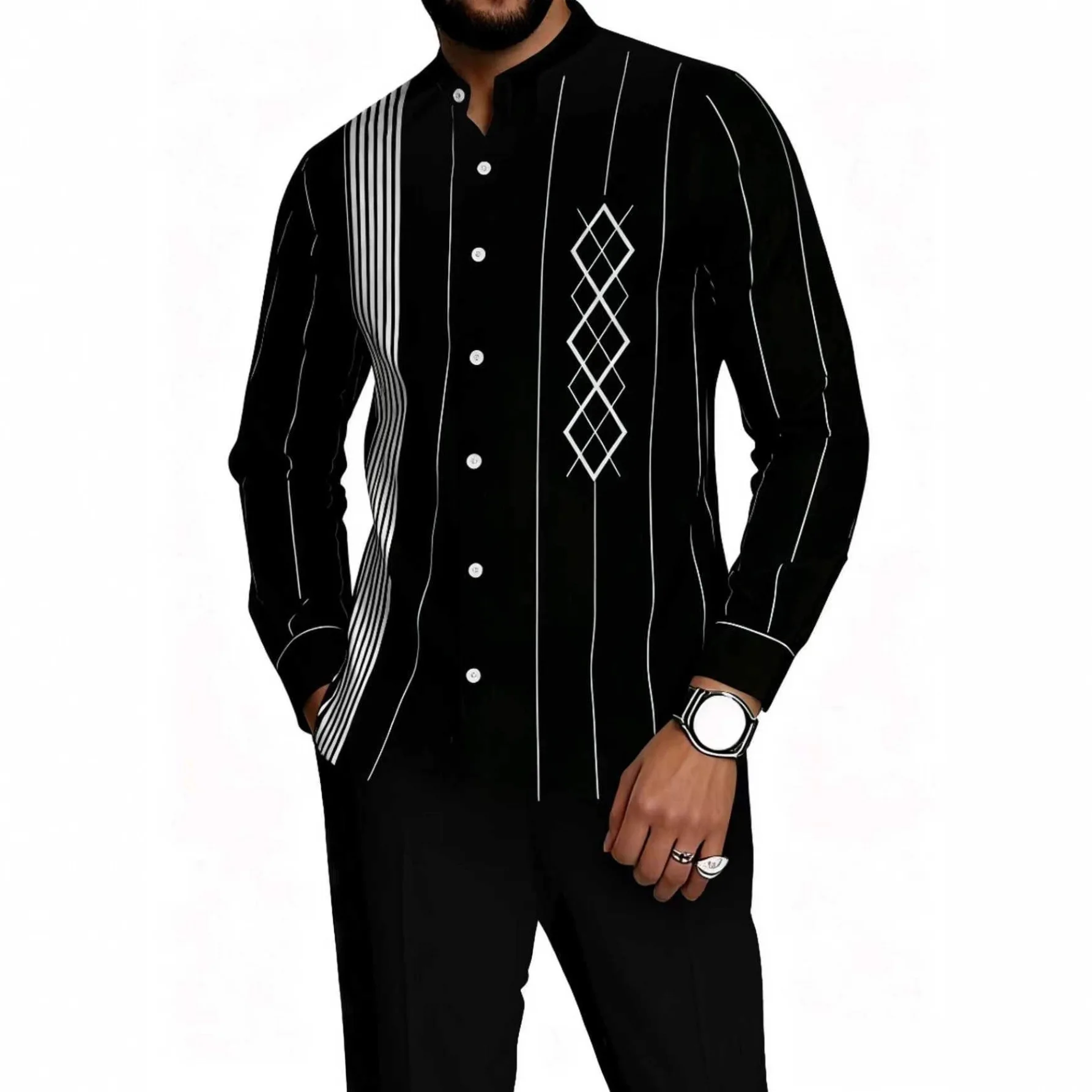 

2026 Mens Long Sleeve Shirt Set Stand Collar Ethnic Style Stripe Print Autumn Casual Fashion Y2K Clothing Outfit
