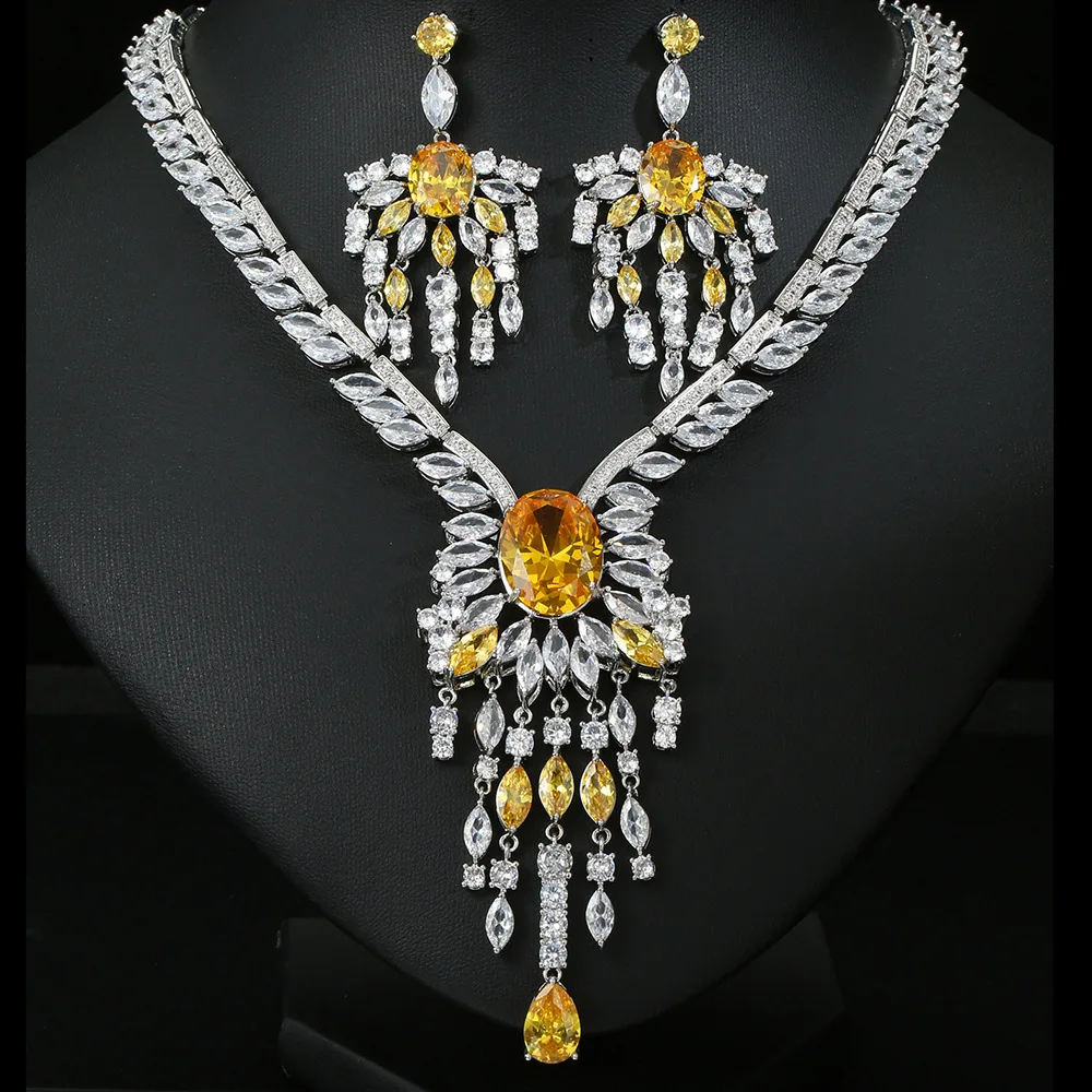 

luxury jewelry sets 2pcs large necklace earrings zirconia red yellow bue green white jewelry set wedding party anniversary