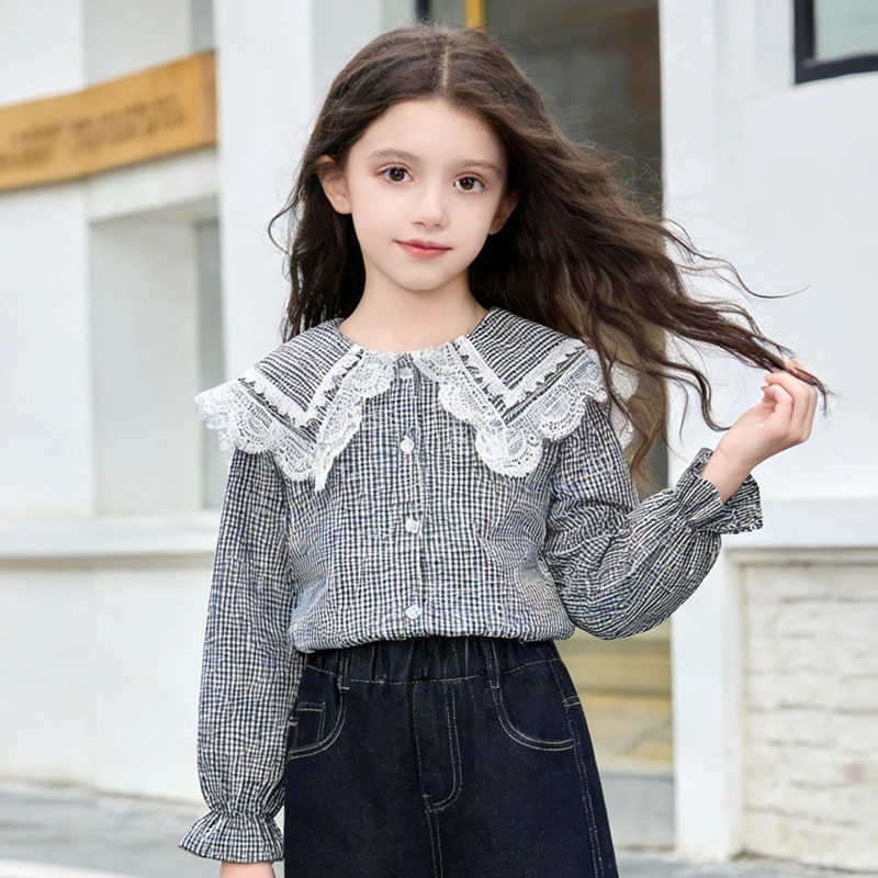 

New Spring Children Fashion Long Sleeve Black Plaid Blouse with Lace Collar for Kids Girls Stylish Shirts Age 3 5 7 9 11 13 14 Y