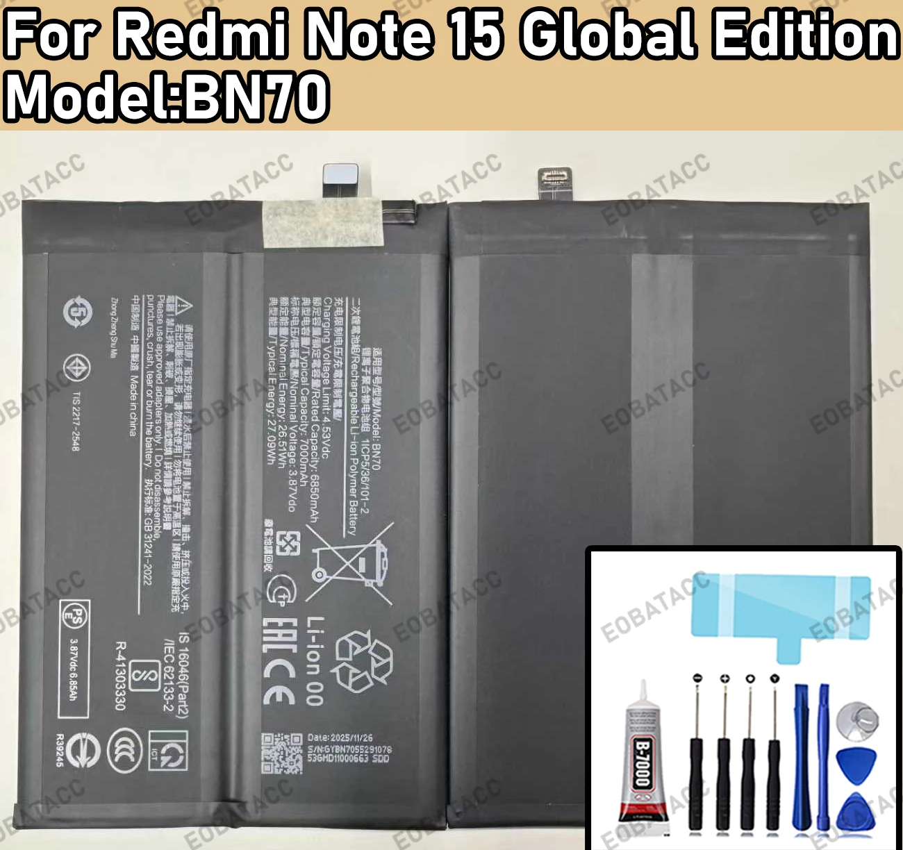 

BN70 7000mAh Replacement Battery For XIAOMI Redmi 15 Global Edition Batteries New High Quanlity BATTERY+Free Tools