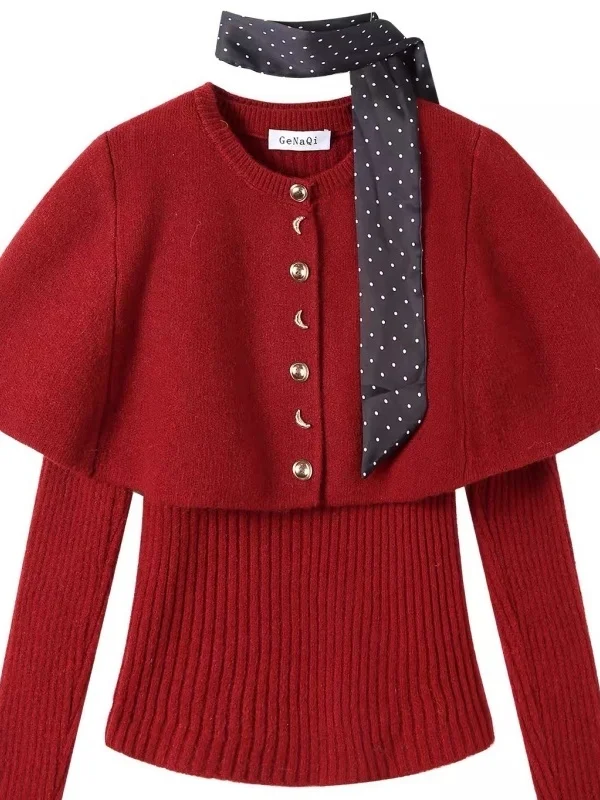 

Красный вязаный свитер-пальто Ele с эффектом многослойности и стройнящим дизайном, зимняя модная женская одежда премиум-класса, серия AQUA