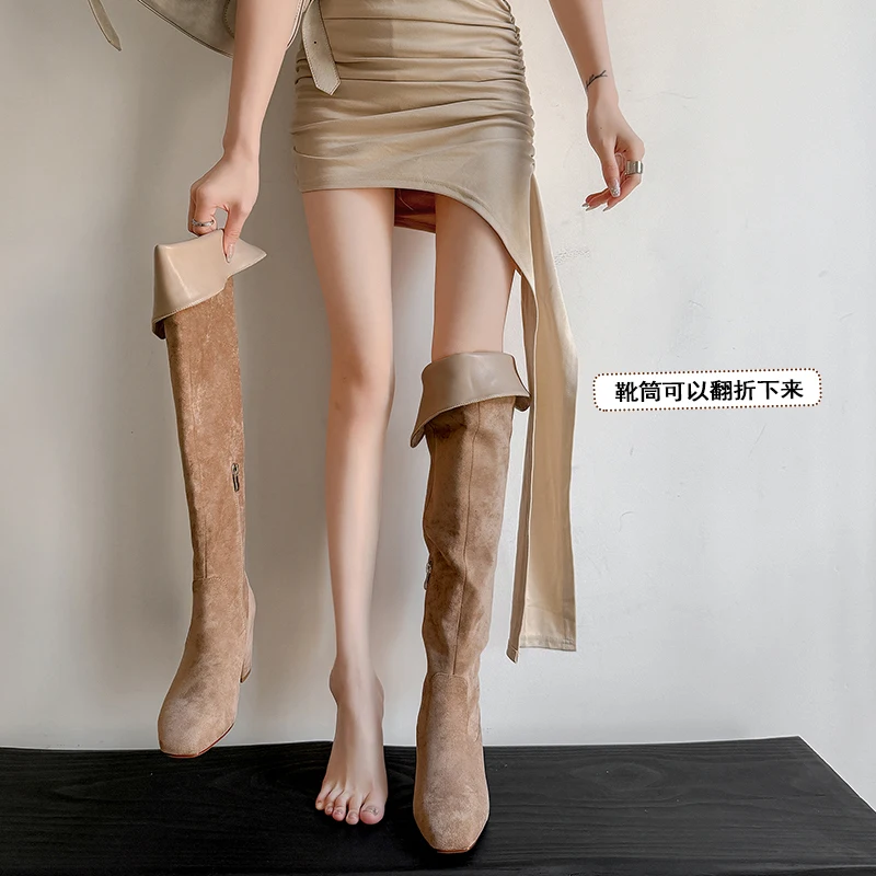 

Новинка 2026, осенне-зимние женские сапоги до колена из натуральной кожи, длинные сапоги из эластичной фланелевой ткани с квадратным носком и боковой молнией