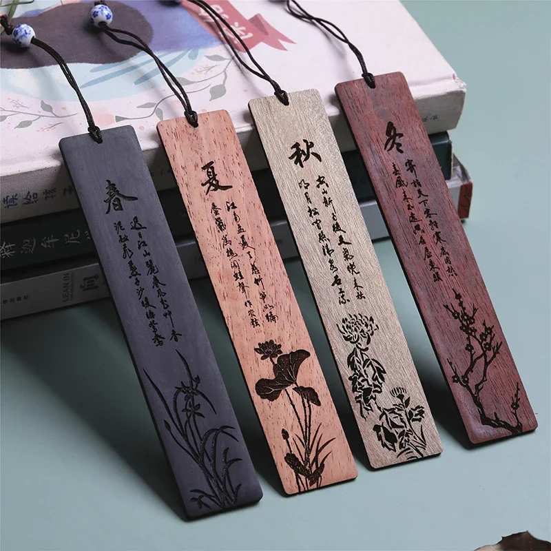 Retro Wooden Carving Four Seasons Bookmarks Chinese Style Ebony Book Clip Student Delicate Reading Tool School Stationery Supply