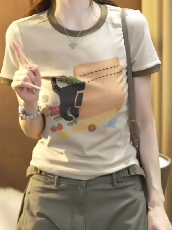 Camiseta de Verano Coreana para Mujer, Estilo Informal, Versátil, con Estampado de Bloques de Color, Antienvejecimiento, Moderna y a la Moda