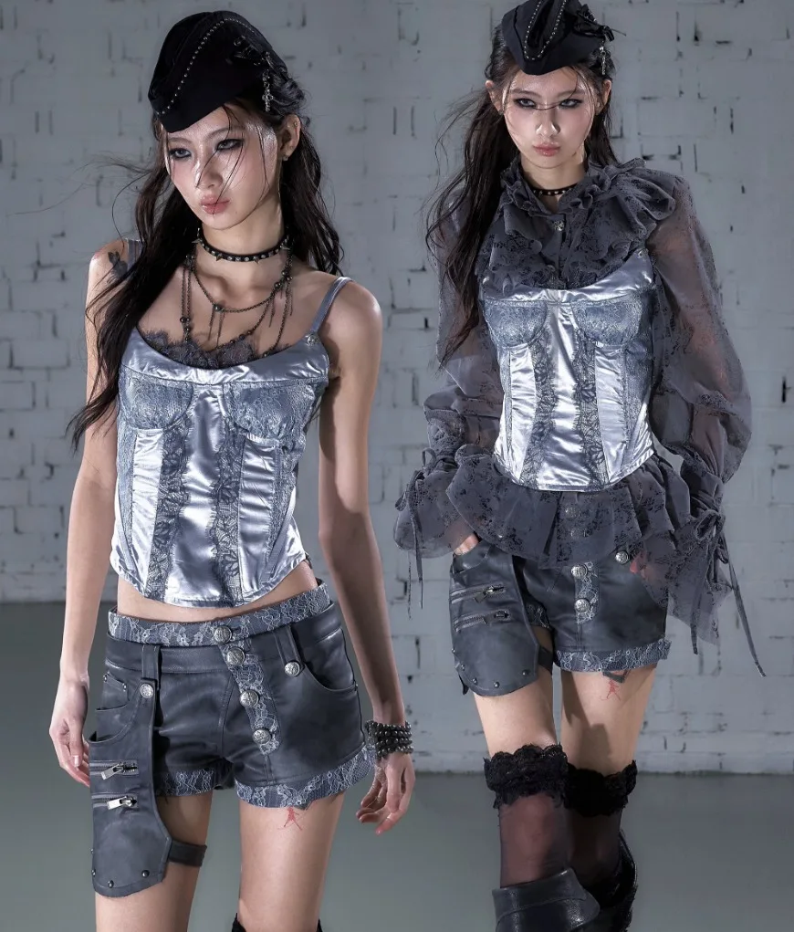No Romance Punk Rock Retro Lace Patch Spaghetti Shiny Sweethot Satin Lace Fishbone Backless Cute Camis Crop Top Silver Gold