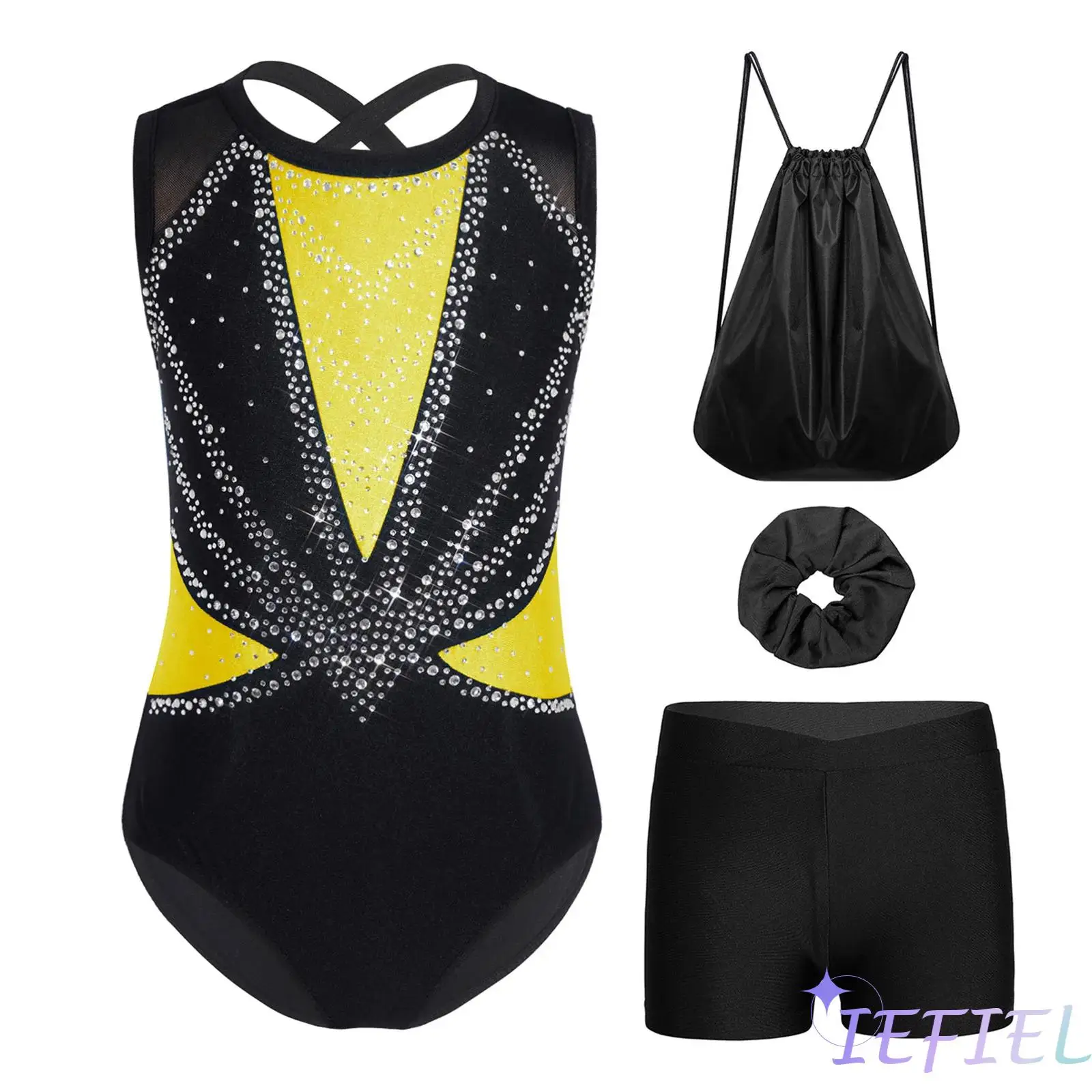 

Girls Gymnastics Ballet Dance Outfit Sleeveless Crisscross Back Shiny Rhinestones Leotard+Shorts+Hairband+Drawstring Backpack