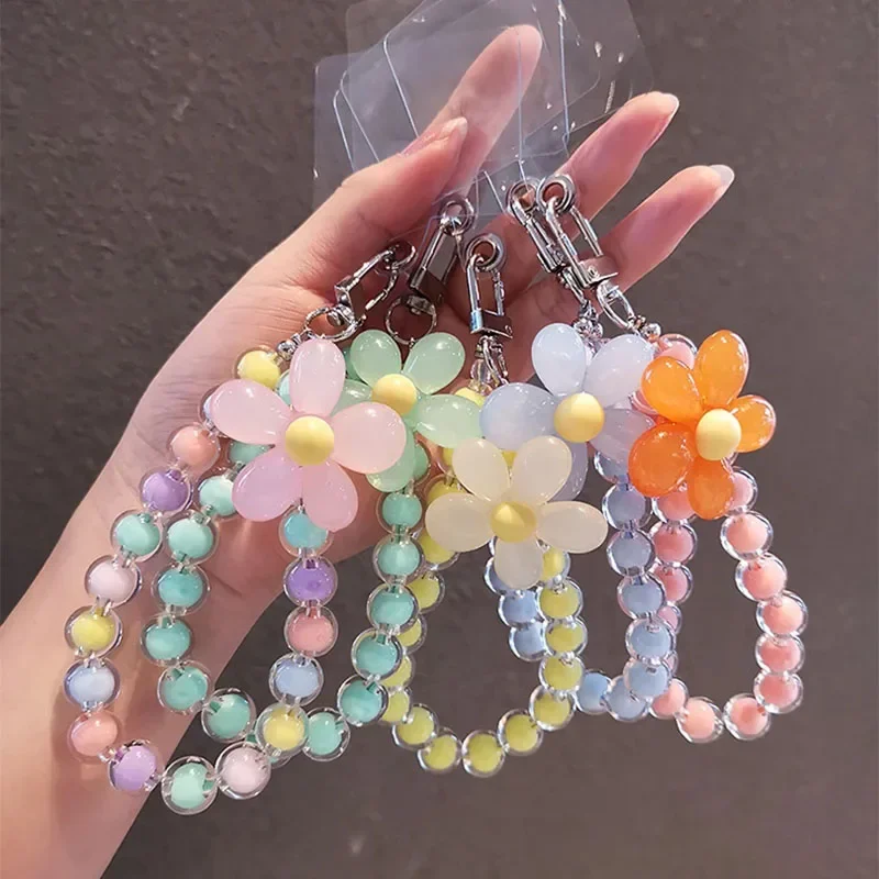 Tali Warna-warni Busur Hati Gelang Manik-manik Bunga Ponsel Pesona Mutiara Tali Pergelangan Tangan Ponsel Kristal Rantai Antihilang