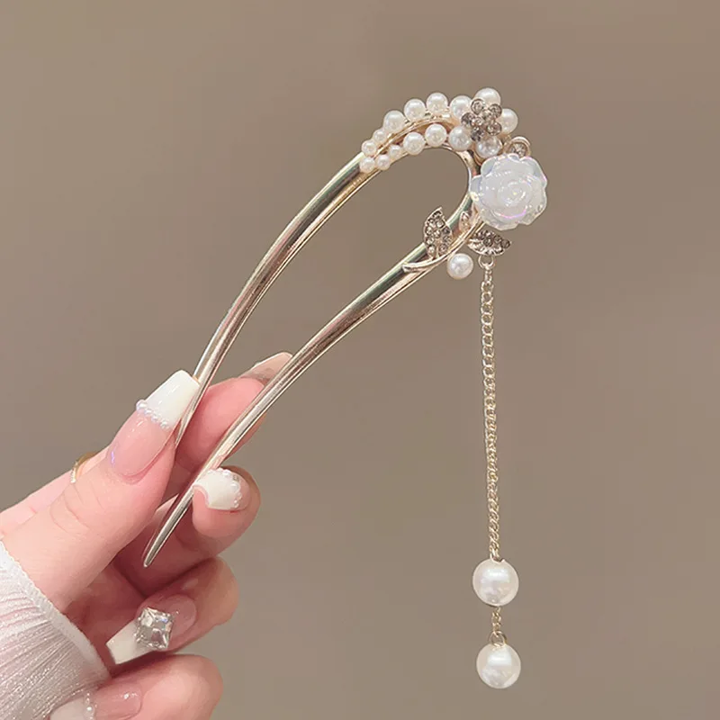 مشبك شعر رائع على شكل حرف U من اللؤلؤ للنساء، عصا شعر مجعدة ثابتة، مشبك شعر لحفلات أعياد الميلاد