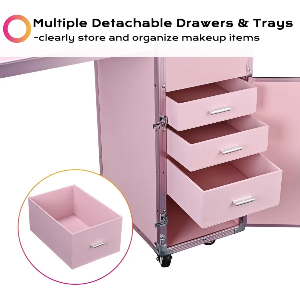 Rolling Manicure Table with Drawer Mirror, Makeup Train Box with Table Cosmetic Trolley Storage Box, Foldable Manicure Table
