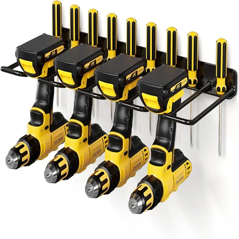 4 Slot Wall Mount Power Tool Storage Rack Metal Drill Organizer For Garage Workshop Screwdriver Power Drill Storage Organization