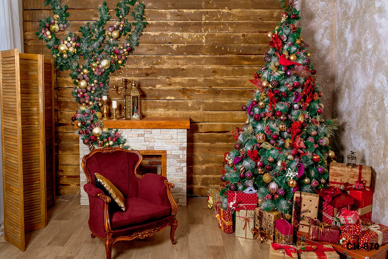 Christmas Photography Backdrop Interior Room Decor Xmas Tree Fireplace Gifts Wooden Floor For Kids Portrait Holiday Backgrounds